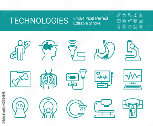 Set of icons of medical modern medical technologies. Medical equipment. Editable vector stroke. 64x64 Pixel Perfect.