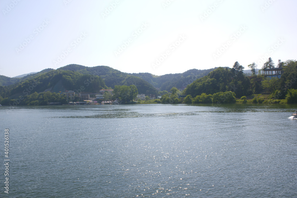 Scenery with mountains and rivers. North River on the way to Nami Island.