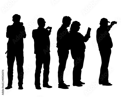 Photograph and photo camera on street. Isolated silhouettes of people on white background