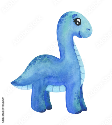 Blue Diplodocus. Cartoon dinosaur with wings. Children s watercolor illustration isolated on a white background. Cute character for decor  sticker  print with historical animals