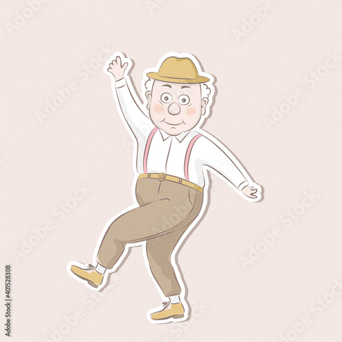 Sticker old man dancing.Happy character design.Vector illustration in cartoon style.