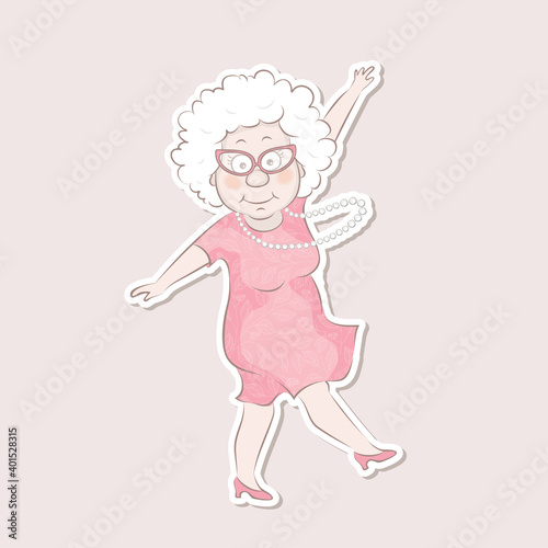 Sticker old woman dancing.Happy character design.Vector illustration in cartoon style.