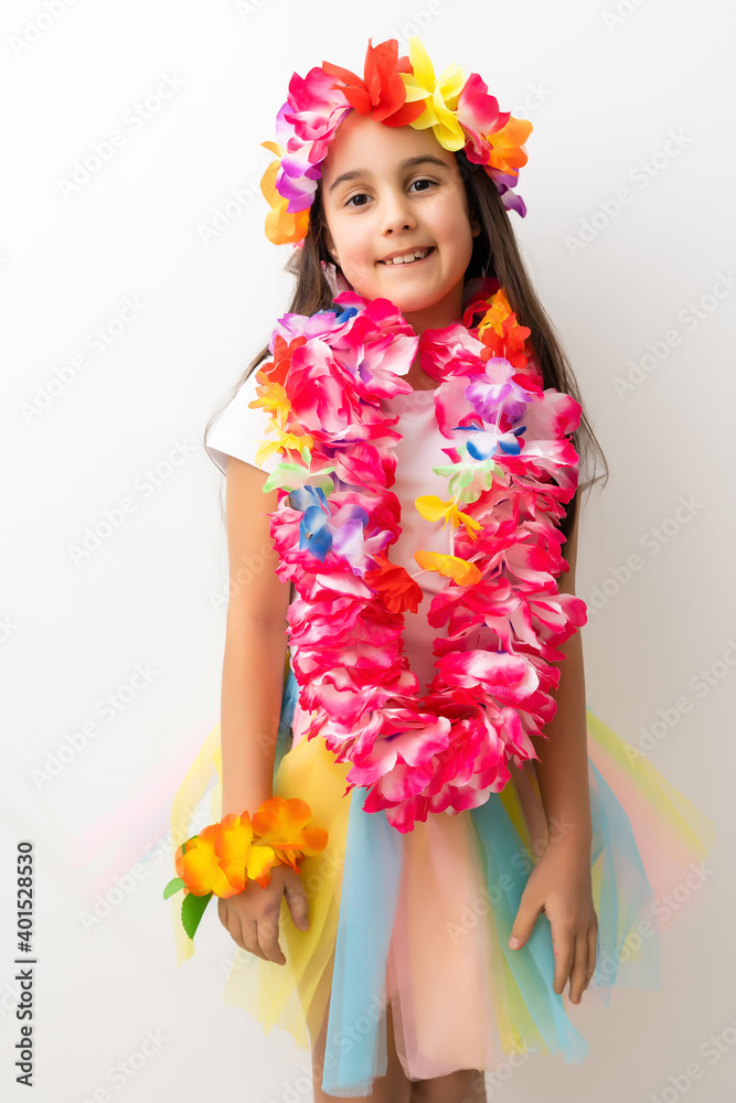 Cute girl in Hawaiian style clothes on white background Cute girl in Hawaiian style clothes on white background