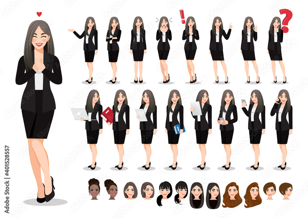 Obraz premium Businesswoman cartoon character set. Beautiful business woman in office style black suit. Vector illustration