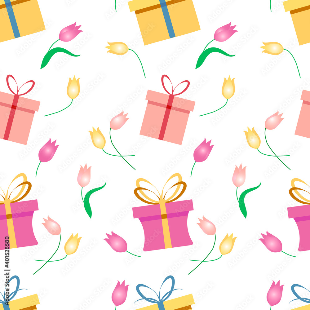 Seamless pattern with multicolored gift boxes and tulips. Seamless pattern with multicolored gift boxes and tulips.