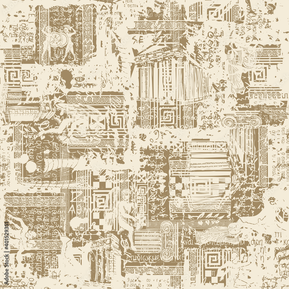 Seamless pattern on the theme of Ancient Greece in grunge style. Abstract vector background with sketches and illegible scribbles imitating Greek text in beige colors. Wallpaper, wrapping paper fabric
