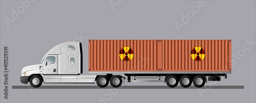 Modern American car with a semitrailer for transporting containers with nuclear fuel.
