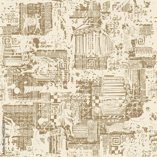 Seamless pattern on the theme of Ancient Greece in grunge style. Abstract vector background with sketches and illegible scribbles imitating Greek text in beige colors. Wallpaper, wrapping paper fabric
