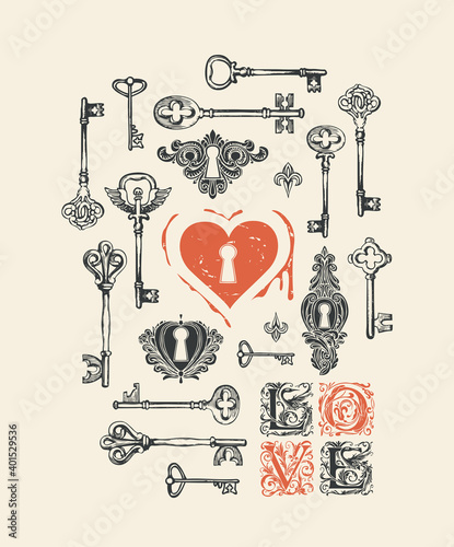 Vector greeting card or banner on the theme of love and Valentine day with hand-drawn vintage keys, ornate initial letters L O V E and red heart with keyhole in retro style. The keys to the heart.