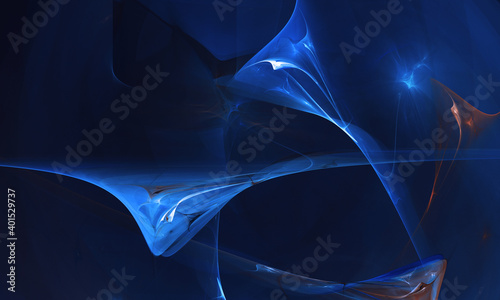 Blue light abstract substance illustration. Dynamic swirling shapes floating in deep ocean or far and deep space. Fictional world.