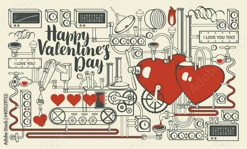 Valentine card or banner with a decorative factory of love. Vector illustration on the theme of Valentine's Day with red hearts, love conveyor, laboratory or industrial equipment and inscription