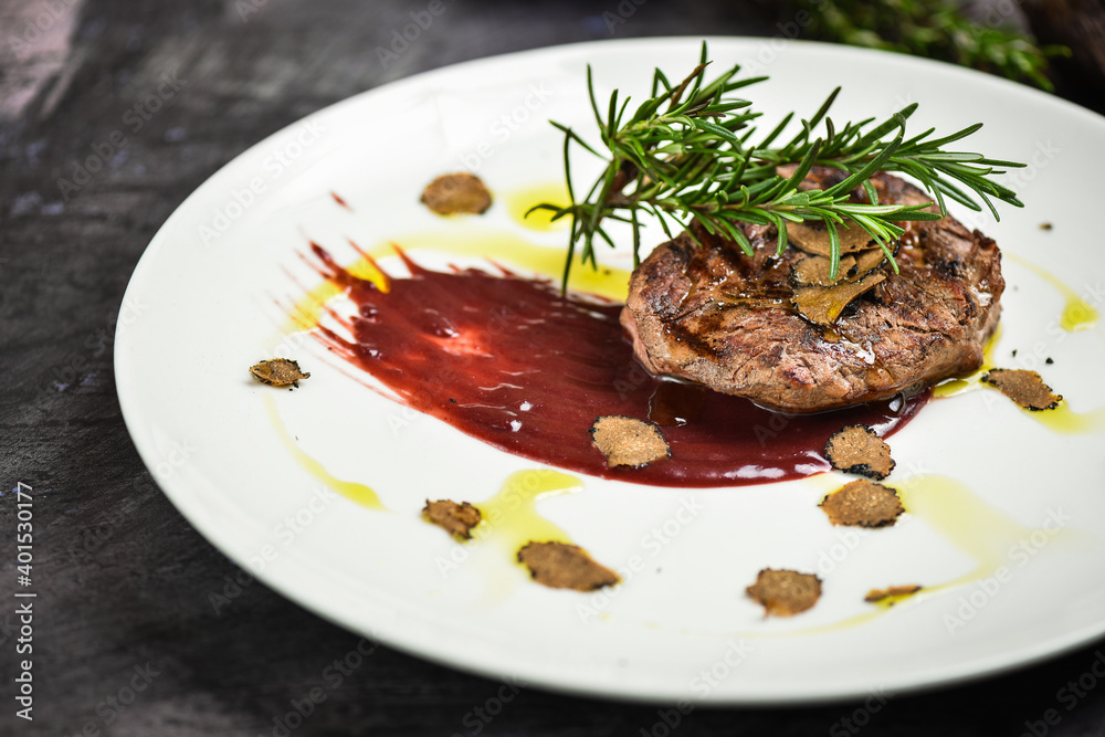 Steak with truffles and Port sauce, fine dining