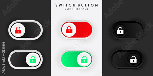 Minimalist Switch Button Lock Unlock  in Neumorphism Design. Simple, modern and elegant. Smooth & soft 3D user interface. Light mode and Dark Mode. For website or apps design. Vector Illustration. 
