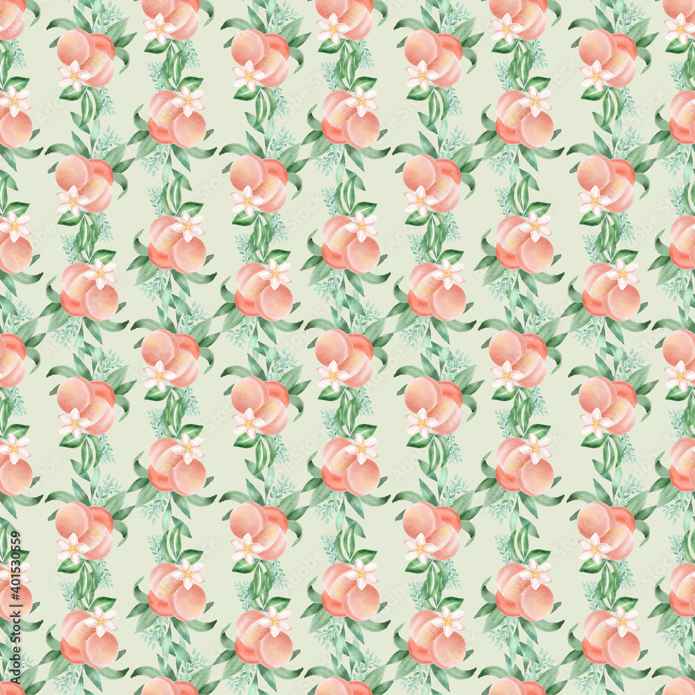 Seamless pattern with peach fruits and greenery leaves on light yellow background