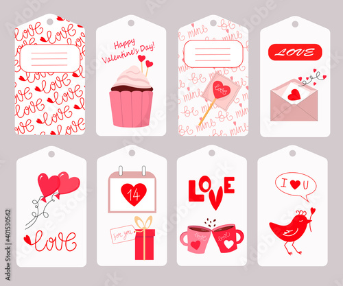  Cupcake, letter, hearts, mugs and balloons. Set of tags for valentins day. Vector illustration. For packaging, gifts, scrapbooking and decoration