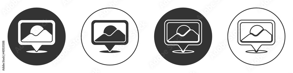 Black Map pin icon isolated on white background. Navigation, pointer, location, map, gps, direction, place, compass, search concept. Circle button. Vector Illustration. Black Map pin icon isolated on white background. Navigation, pointer, location, map, gps, direction, place, compass, search concept. Circle button. Vector Illustration.