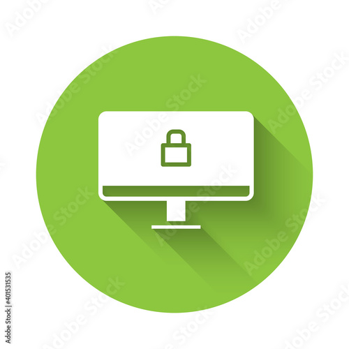 White Lock on computer monitor screen icon isolated with long shadow. Security, safety, protection concept. Safe internetwork. Green circle button. Vector Illustration.