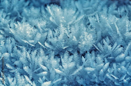 festive winter background with shiny white crystals of snowflakes and frost