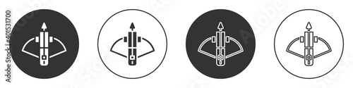 Black Battle crossbow with arrow icon isolated on white background. Circle button. Vector.