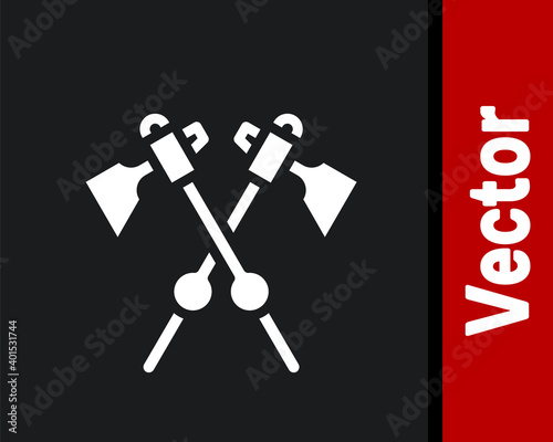 White Crossed medieval axes icon isolated on black background. Battle axe, executioner axe. Medieval weapon. Vector.