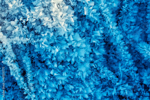 festive winter background with shiny white crystals of snowflakes and frost o...
