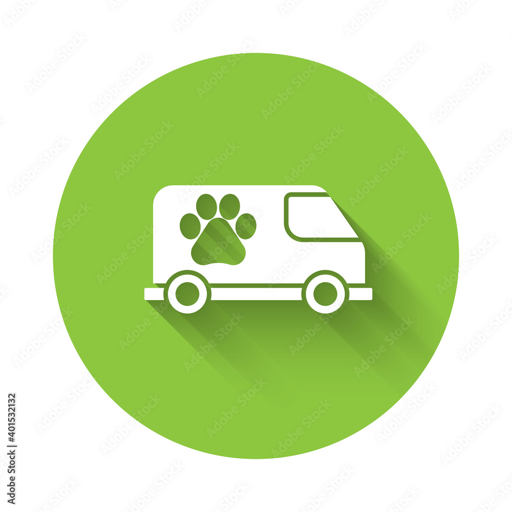 White Veterinary ambulance icon isolated with long shadow. Veterinary clinic symbol. Green circle button. Vector. White Veterinary ambulance icon isolated with long shadow. Veterinary clinic symbol. Green circle button. Vector.