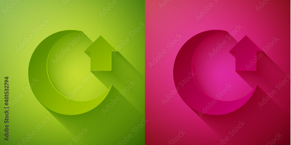 Paper cut Moon icon isolated on green and pink background. Paper art style. Vector. Paper cut Moon icon isolated on green and pink background. Paper art style. Vector.