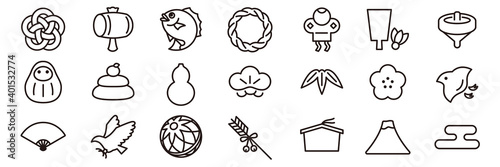 細いラインの正月縁起物アイコンセット-Japanese New Year decoration icon	

