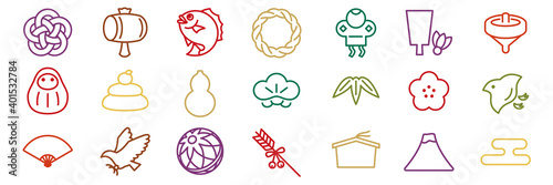 細いラインの正月縁起物アイコンセット-Japanese New Year decoration icon	
