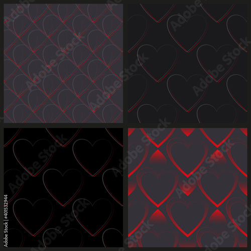 Set of seamless vector pattern of red and gray gradient hearts on a dark background for valentine's day