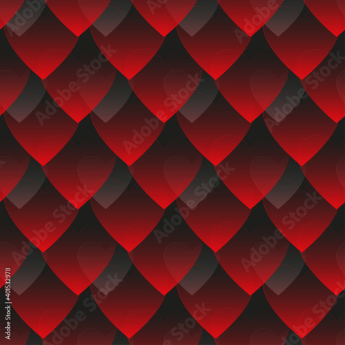 Seamless vector pattern of red and gray gradient hearts on a dark background for valentine's day
