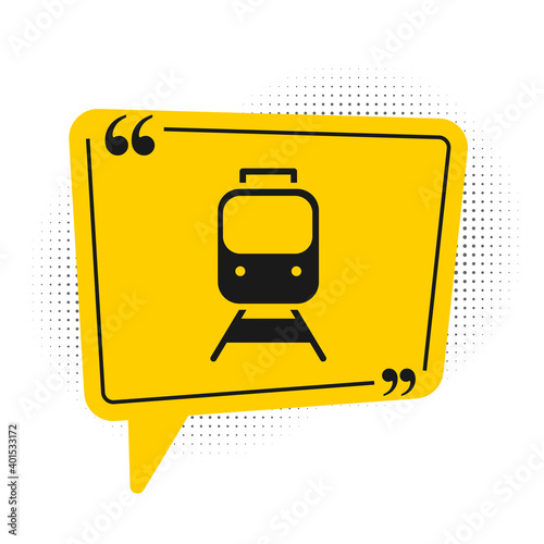 Black Train and railway icon isolated on white background. Public transportation symbol. Subway train transport. Metro underground. Yellow speech bubble symbol. Vector.