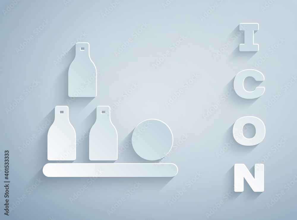 Paper cut Bottles ball icon isolated on grey background. Paper art style. Vector. Paper cut Bottles ball icon isolated on grey background. Paper art style. Vector.