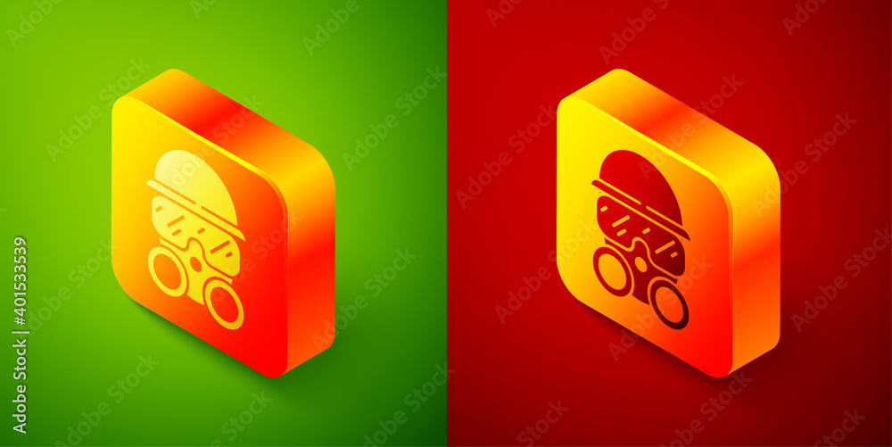 Isometric Gas mask icon isolated on green and red background. Respirator sign. Square button. Vector.