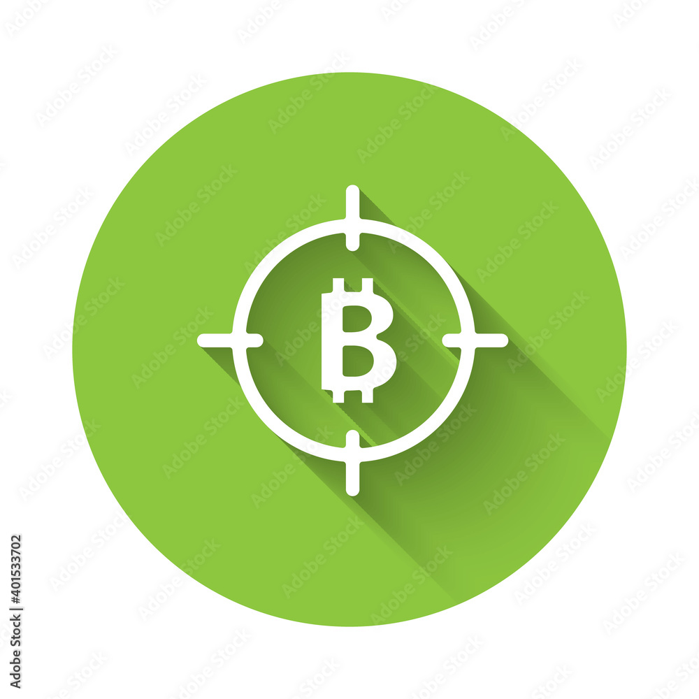 White Bitcoin in the target icon isolated with long shadow. Investment target icon. Green circle button. Vector. White Bitcoin in the target icon isolated with long shadow. Investment target icon. Green circle button. Vector.