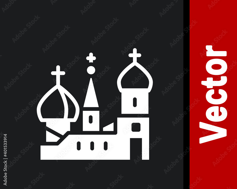 White Moscow symbol - Saint Basil's Cathedral, Russia icon isolated on black background. Vector.