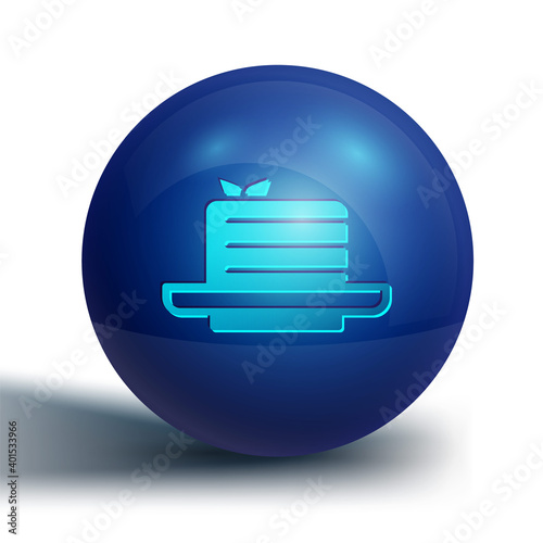 Blue Medovik icon isolated on white background. Honey layered cake or russian cake Medovik on plate. Blue circle button. Vector.