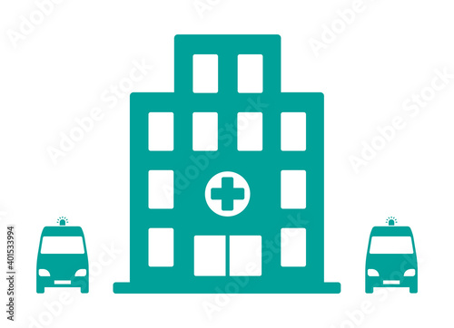 Hospital icon. Medical clinic, polyclinic. Health care building. Hospital building with ambulances. Vector illustration.