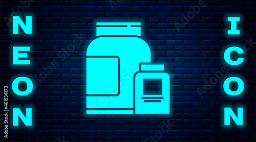 Glowing neon Sports nutrition bodybuilding proteine power drink and food icon isolated on brick wall background. Vector.