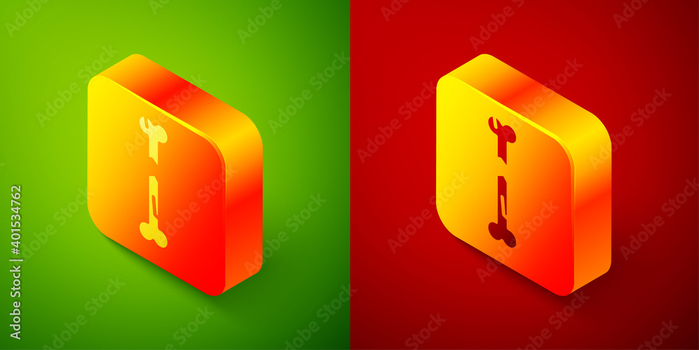 Isometric Human broken bone icon isolated on green and red background. Square button. Vector. Isometric Human broken bone icon isolated on green and red background. Square button. Vector.