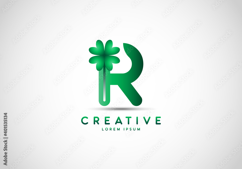 Letter R Lucky Clover Leaf Logo, lucky initials, a combination of leaf and letter.