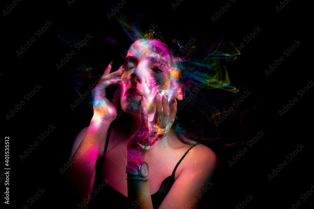 light painting portrait, new art direction, long exposure photo without photoshop, light drawing at long exposure