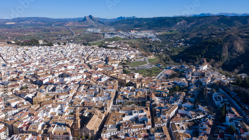 Antequera typical Andalusian town aerial panoramic view of city and landscape