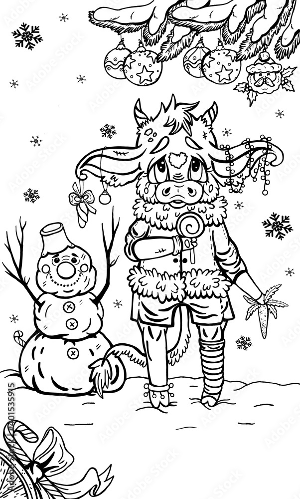Cartoon character, cute New Years  little bull, with long ears and big eyes, with small horns and fluffy tail, with garland and christmas toys, with lollipop and carrot in his paws, with snowman.