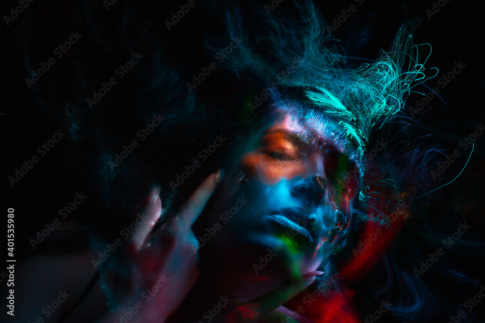 light painting portrait, new art direction, long exposure photo without photoshop, light drawing at long exposure