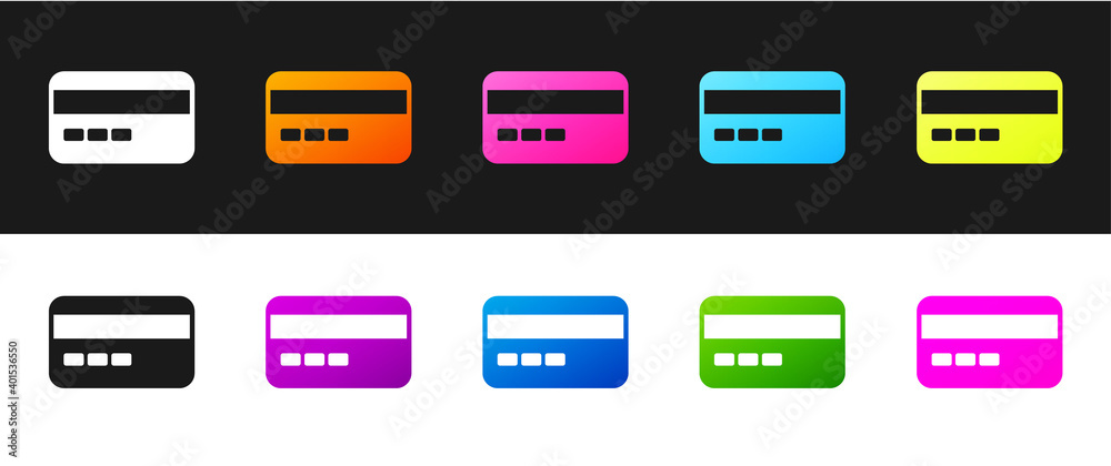 Set Credit card icon isolated on black and white background. Online payment. Cash withdrawal. Financial operations. Shopping sign. Vector.