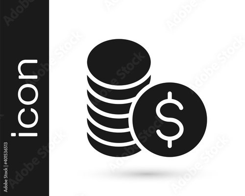 Black Coin money with dollar symbol icon isolated on white background. Banking currency sign. Cash symbol. Vector.