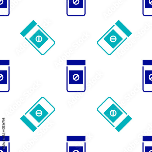 Blue Sports doping, anabolic drugs icon isolated seamless pattern on white background. Anabolic steroids tablet. Pills in jar. Vector.