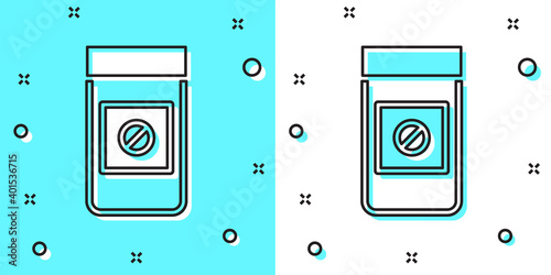 Black line Sports doping, anabolic drugs icon isolated on green and white background. Anabolic steroids tablet. Pills in jar. Random dynamic shapes. Vector.