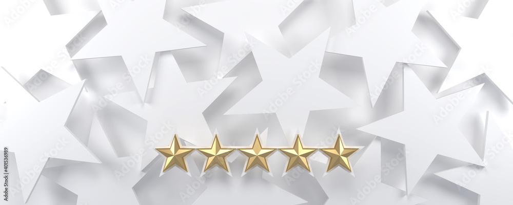 5 gold stars on a white starry background, luxury and rating concept. 3d render. 5 gold stars on a white starry background, luxury and rating concept. 3d render.